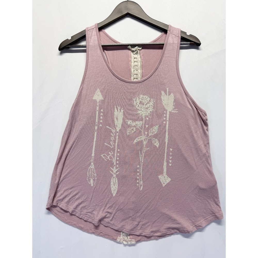 Mccnchild Tank Top Womens L Pink Graphic Arrows Rose Studded Crochet Lace Trim